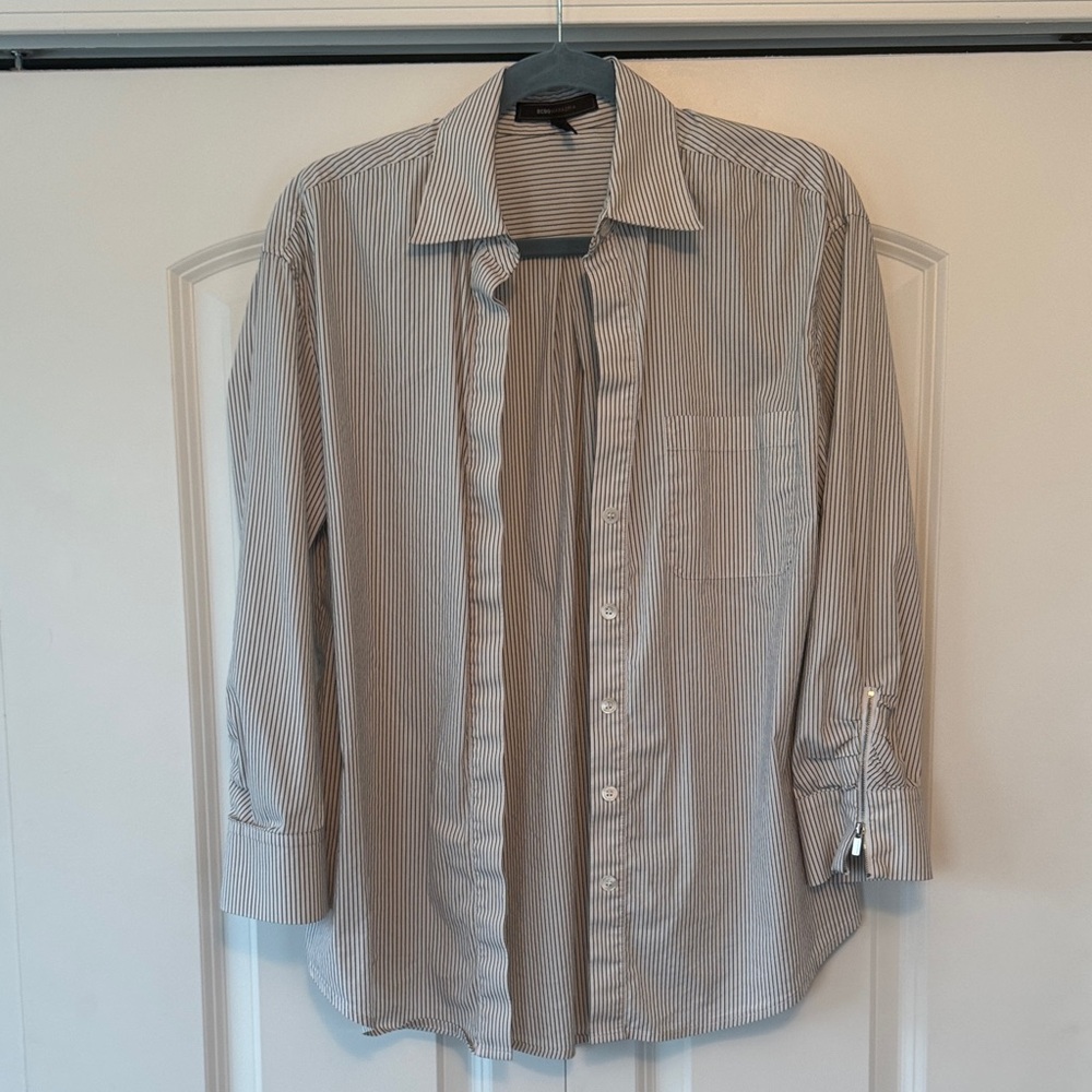 BCBGMaxAzria Striped Button Down Shirt - Gray and White